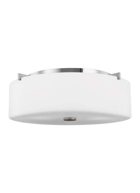 Side view of Sunset Drive Dope Chrome Three Light Flush Mount Ceiling Fixture With White Glass Shade Damp Location Rated 16 Inch Wide Modern Ceiling Light