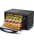 Reliable Digital Food Dehydrator With Eight Roomy Trays For Hassle Free Fruit Vegetable Herb And Homemade Pet Snack Drying Featuring Precise Heat Settings And Long Timer Controls showing assorted snacks on trays.
