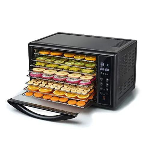 Reliable Digital Food Dehydrator With Eight Roomy Trays For Hassle Free Fruit Vegetable Herb And Homemade Pet Snack Drying Featuring Precise Heat Settings And Long Timer Controls showing assorted snacks on trays.