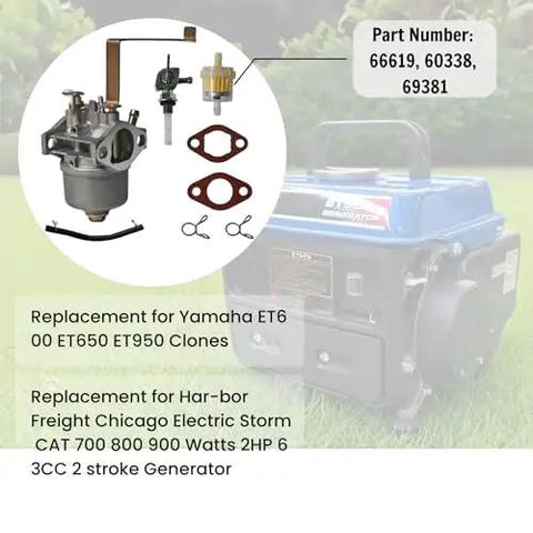 Carburetor Kit Replacement For 63Cc To 64Cc 2HP Gas Generators With Fuel Filter and parts with text overlay, lawn background