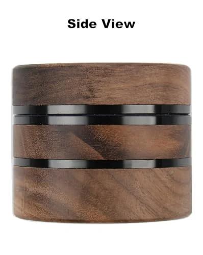 Side view of AWANSO 3-piece walnut wood and aluminum spice grinder, 2.5-inch diameter