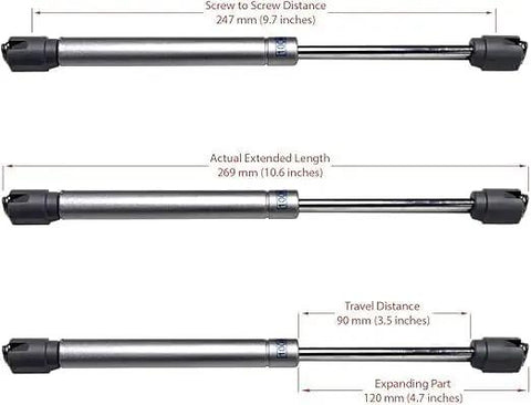 Solid Hydraulic Gas Springs For Cabinet Doors And Storage Boxes Featuring Smooth As Butter Glide Action With No Fuss Mounting Brackets That Keep Lids Propped Up Strong And Looking Sharp In Black Two Pack dimensions showing screw to screw distance, actual length, travel distance, and expanding part.