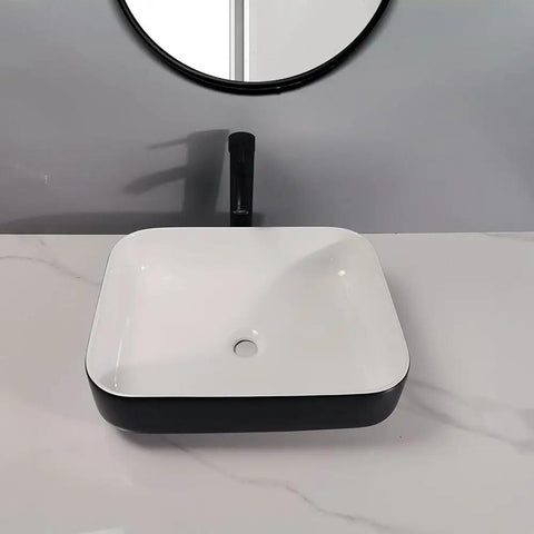 Bathroom Sink Modern Simple Black Appearance Above Counter Basin Ceramic Wash Basin Apartment Home Bathroom Ceramic Above Counter Basin Bathroom Sink Vessel with round mirror