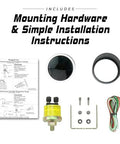 Prosport 52mm electric oil pressure gauge kit with blue/white LED display, sender, mounting hardware, and instructions