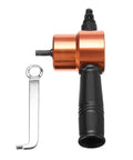 Power Drill Nibbler Attachment For Metal Sheets With Double Head And 360 Degree Adjustable Operation, orange, side view with wrench