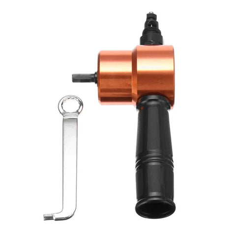 Power Drill Nibbler Attachment For Metal Sheets With Double Head And 360 Degree Adjustable Operation, orange, side view with wrench