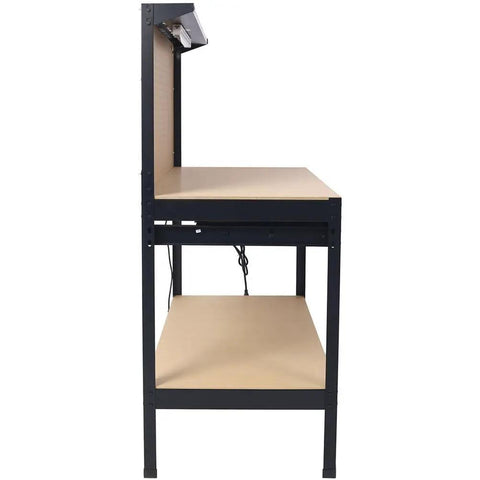 Side view of Rugged Steel Garage Workbench With Pegboard Drawers Tool Hooks And Storage Organizer LED Light Four AC Outlets Two USB Ports
