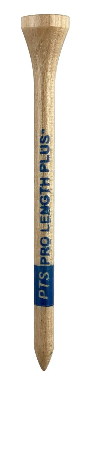 ProLength Plus Golf Tees 3 1/4 Inch, Blue on natural hardwood, color bar length indicator, single tee view, USA painted.