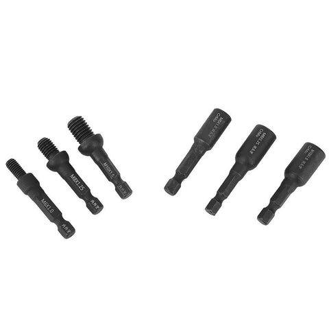 Six Piece Set With Quarter Inch Shank Double Ended Air Sockets Built Tough In Durable Chrome Molybdenum Steel For Furniture And Woodworking Projects Adaptable To Preassembled Screws In Sizes M6 M8 And M10 shown spread out.
