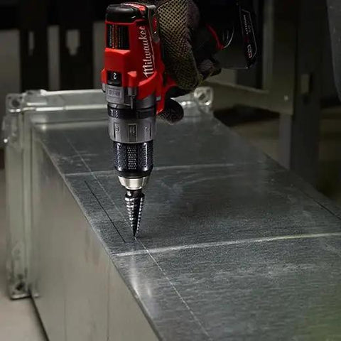 Step Drill Bit No 1 For Cordless Drills At Turbo Speed drilling metal with visible size marks, secure grip, dual flute Milwaukee