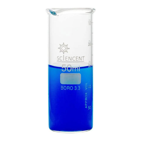 Heat Resistant Glass Beaker Set Of 3 50 Milliliter 100 Milliliter And 250 Milliliter With No Spill Spout Ideal For Boiling And Everyday At Home Lab Experiments, 50ml beaker filled with blue liquid