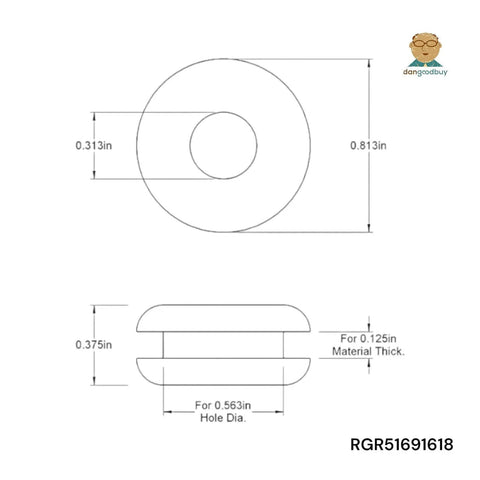 Technical diagram of Buna N Rubber Grommet for nine sixteenth inch hole in one eighth inch thick panel with five sixteenth inch center hole.