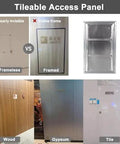 Top Shelf Aluminum Alloy Hidden Access Panel 33X41 Inch Fire Rated Waterproof Inspection Hatch For Tile Drywall showcasing frameless and framed designs.
