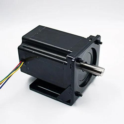NEMA 34 stepper motor in black steel mounting bracket with exposed drive shaft and multicolored wires