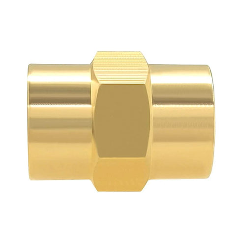 Brass NPT female coupler fittings for industrial pipe connections.