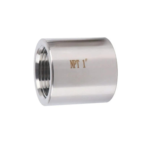 Heavy Duty Stainless Steel 304 Pipe Coupling 1-1/4 Inch NPT Female X 1-1/4 Inch NPT Female Forged High Pressure Class 3000 Fitting for Fuel Plumbing Gas and Refrigeration Systems, angled view