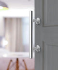 12 Inch Stainless Steel Sliding Barn Door Handle Set With Flush Hardware on door, brushed metal look, installed view
