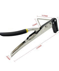 Angular Metal Folding Pliers For Arc And Angle Bending, Crimping, And Edge Molding, steel tool with measurements visible.