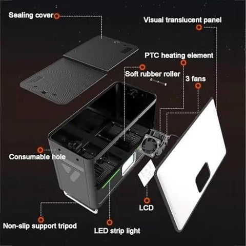 Exploded view of Filament Dryer Box For 3D Printers With Auto Humidity Control, Holds Four 1Kg Spools, showing components and features.