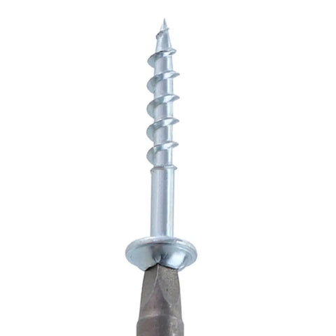 Close-up of a carbon steel self-tapping wood screw showing coarse threading and sharp tip for quick home repairs.