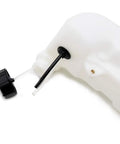Gas Tank With Cap For 43cc To 55cc Garden Tools And Rides, white plastic tank with black cap and hose, side view.