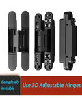 Heavy Duty Concealed Door Hinge Rock Solid Zero Gap Flush Mount For Wood And Folding Doors. 3D adjustable black hinges view from multiple angles.