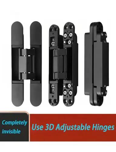 Heavy Duty Concealed Door Hinge Rock Solid Zero Gap Flush Mount For Wood And Folding Doors. 3D adjustable black hinges view from multiple angles.
