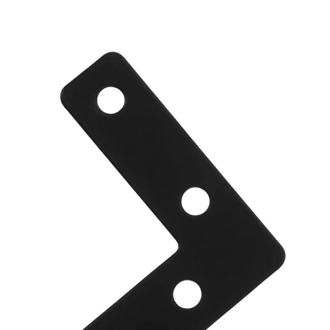 Close-up of Stainless Steel L Shaped Corner Brace, black, 5x5 cm, showing holes, part of 20 pack for picture frames and desk supports.