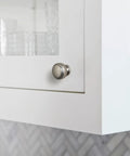 Antique Silver Round Cabinet Knobs Six Pack, Vintage Furniture Handles, installed on white kitchen cabinet