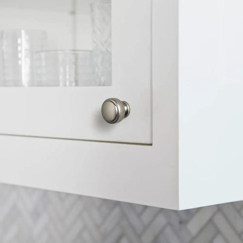 Antique Silver Round Cabinet Knobs Six Pack, Vintage Furniture Handles, installed on white kitchen cabinet