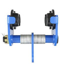 Front view of a blue manual trolley for I beam, 2200 lb capacity, dual wheel, heavy duty alloy steel, adjustable width 2.5 to 7 inches.