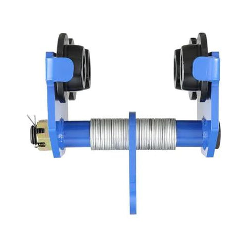 Front view of a blue manual trolley for I beam, 2200 lb capacity, dual wheel, heavy duty alloy steel, adjustable width 2.5 to 7 inches.