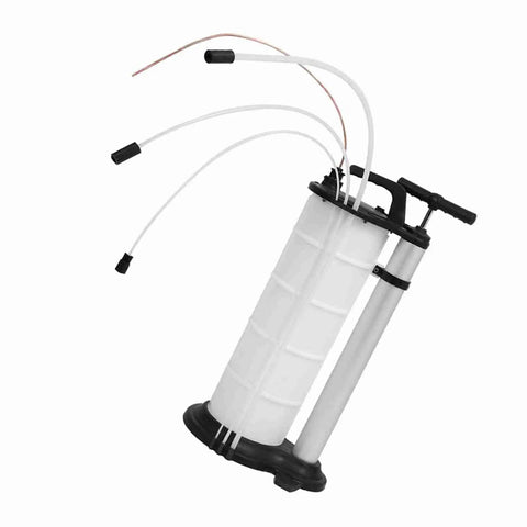 Heavy Duty Manual Oil Transfer Pump With 9L Capacity And Long Hose For Effortless Car Engine Oil Drainage Fluid Extraction On Motorcycles Marine And Shop Use with white tank and multiple hoses.