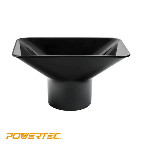 Front view of Rectangular Dust Hood Nozzle For Two And A Half Inch Dust Collection Hose Fittings A Slick Add On Accessory Built For Sanding With Drill Press Sander Or Drilling Machines To Improve Dust Control And Cleanup, made of ABS plastic.