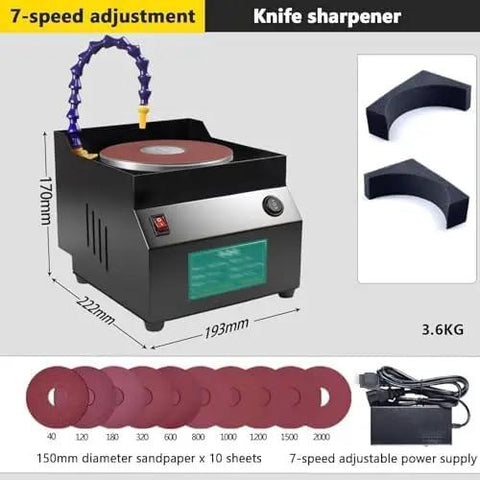 Professional Wet Dry Bench Sander And 350W Electric Grinder Boasting Seven Speeds And A Reverse Switch with accessories and dimensions.