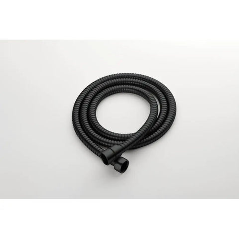 Shower System, 10" Rain Head, Handheld, Matte Black with Rough-In Valve flexible black hose coiled for use with shower systems.