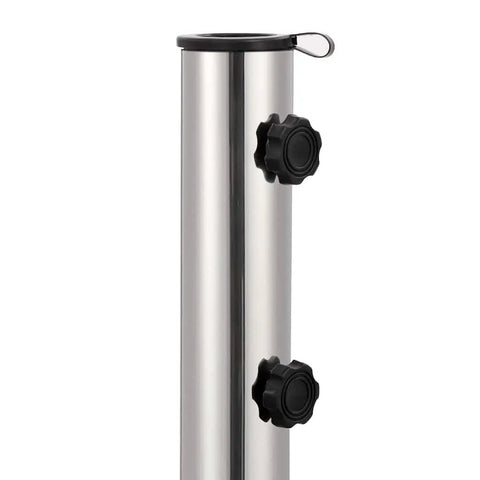 Close-up of stainless steel tube from Beefy Round Umbrella Base With Wheels For 1.5 To 1.9 Inch Poles, featuring locking bolts.