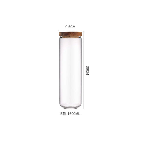 Straight Up Solid Airtight Coffee And Tea Storage Canister With Smooth Wood Lid, 1600ML clear glass jar, 30CM tall, perfect for tea and snacks.