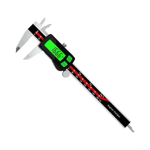 Digital Caliper, Stainless Steel Rechargeable Measuring Tool with green backlit display showing measurement.