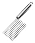 Wavy-crinkle vegetable cutter with stainless steel blade and metal handle, angled side view for slicing vegetables.