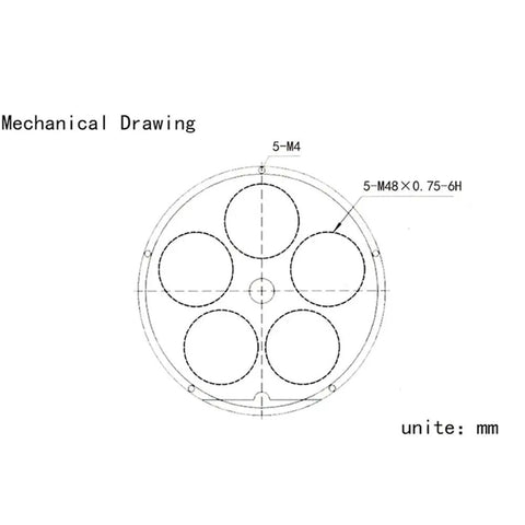 Mechanical drawing of Five Position Metal Filter Wheel for 1.25 Inch Telescopes with Eyepiece Adapter T2 Camera Adapter Lock Ring and 42mm Cap