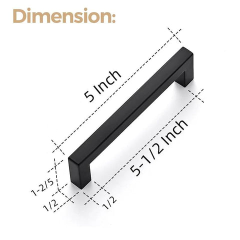 Square Bar Cabinet Handles Matte Black Set Of 10 With 5 Inch Hole Center And 5-1/2 Inch Overall Length shown with dimensions