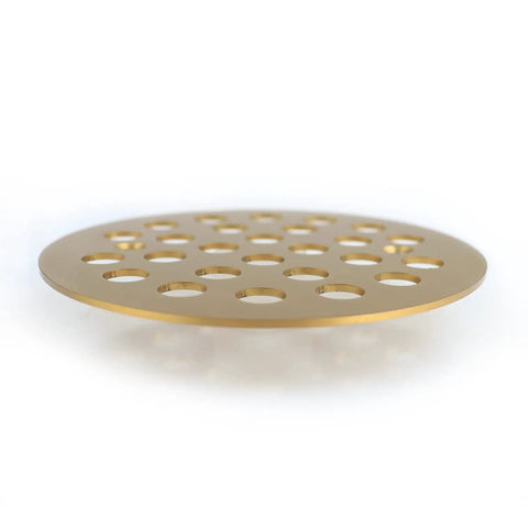 Premium Screw In Round Floor Drain Cover Replacement Brushed Golden Finish Heavy Duty bathroom fixture with round holes.