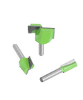 Solid 1/4 Inch Cleaning Bottom Router Bit For Flattening Wood Milling And Plowing Projects With Straight Flute Design For Clean Surfaces On Plywood And MDF. Three router bits with green heads and silver shanks.