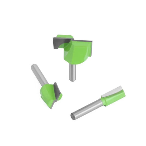 Solid 1/4 Inch Cleaning Bottom Router Bit For Flattening Wood Milling And Plowing Projects With Straight Flute Design For Clean Surfaces On Plywood And MDF. Three router bits with green heads and silver shanks.