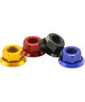 Four colorful Two Pack 7075 Aluminum Wheel Hub Axle Nuts M10xP1 Bolt Screws For Front And Rear Bike Wheels Lightweight Yet Durable
