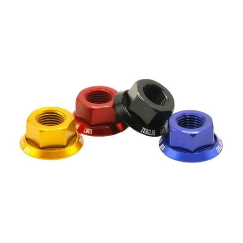 Four colorful Two Pack 7075 Aluminum Wheel Hub Axle Nuts M10xP1 Bolt Screws For Front And Rear Bike Wheels Lightweight Yet Durable