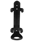 Black wall-mounted bracket for securing fire extinguishers in cars and boats, shown empty, with universal fit capabilities.