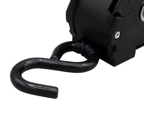 Close-up of 4 Pack 1 Inch By 10 Foot Bolt On Retractable Ratchet Straps With Coated S Hooks For All Your Cargo Tie Downs Heavy Duty Auto Retract