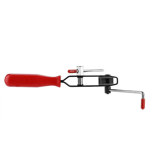 Front view of CV Joint Ear Clamp Banding Tool With Cutter For Car Repair Pro Grade Heavy Duty Pliers with red handle and steel components